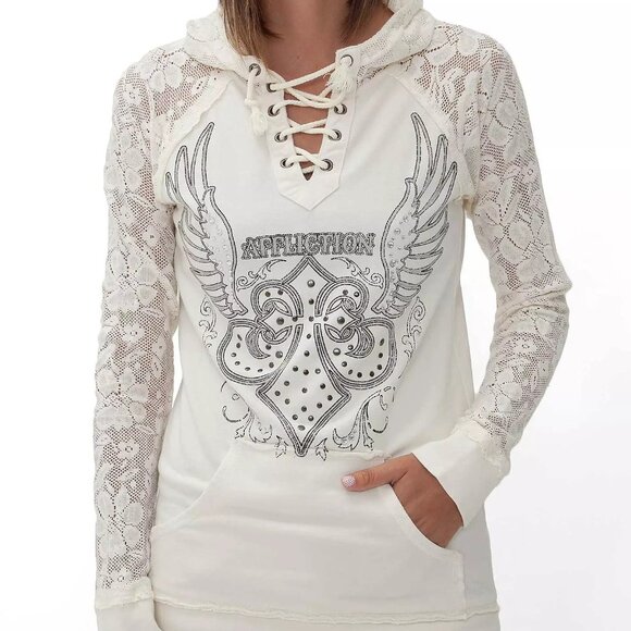 Rare Affliction Women's Hooded Helene Lace Sweatshirt Size Medium - Picture 1 of 16